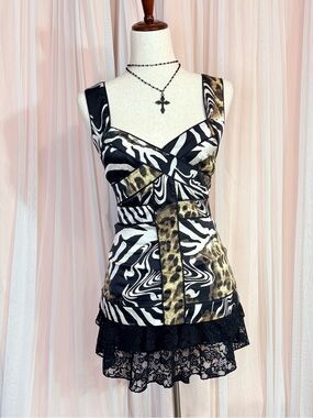 Cache Silk Animal Print Lace Hem Tank Top Medium Zebra Leopard Y2K Going Out